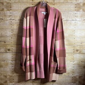 99 Jane Street Plaid Long Knit Cardigan Pink Brown Shawl Pockets NWT Size XXL
